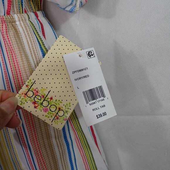 Bebop Striped Button Bodice Shirt Dress Women Size L Roll Tab 3/4 Sleeves NEW - Picture 9 of 14